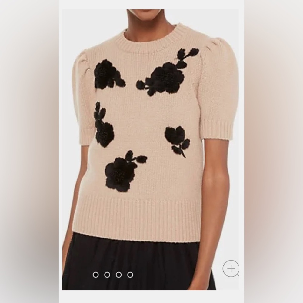 Kate Spade Knit Sweater, Crewneck Puff Shoulder Rib Trim Tan Black XS, NWOT